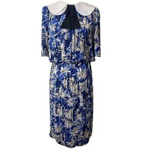 Retro ladies feminine twee collard dress blue black white bow tie size 8